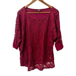 ANA A‎ NEW APPROACH WOMAN 1X Burgundy Lace Overlay Dolman Sleeve Top